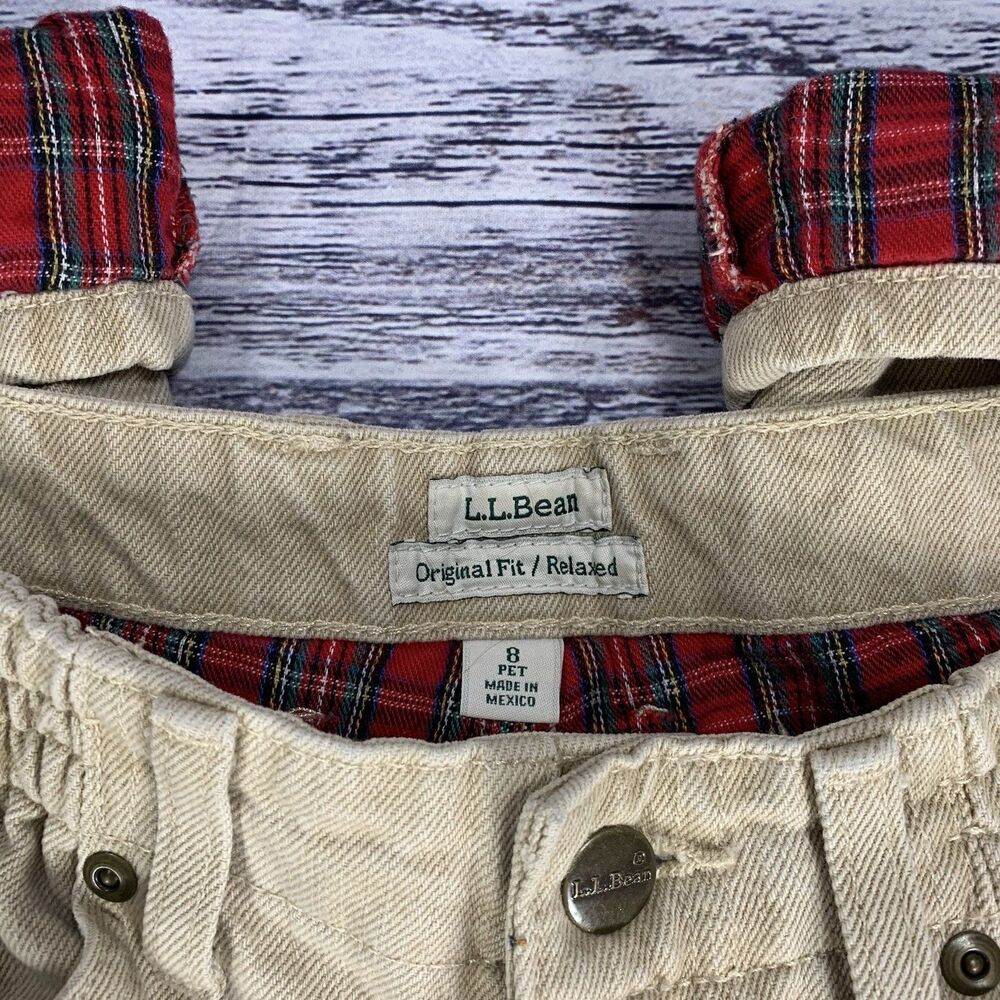 LL Bean Original Fit Relaxed Tan Jeans Red Plaid Lining Elastic Waist Size 8 Pet - Picture 2 of 6
